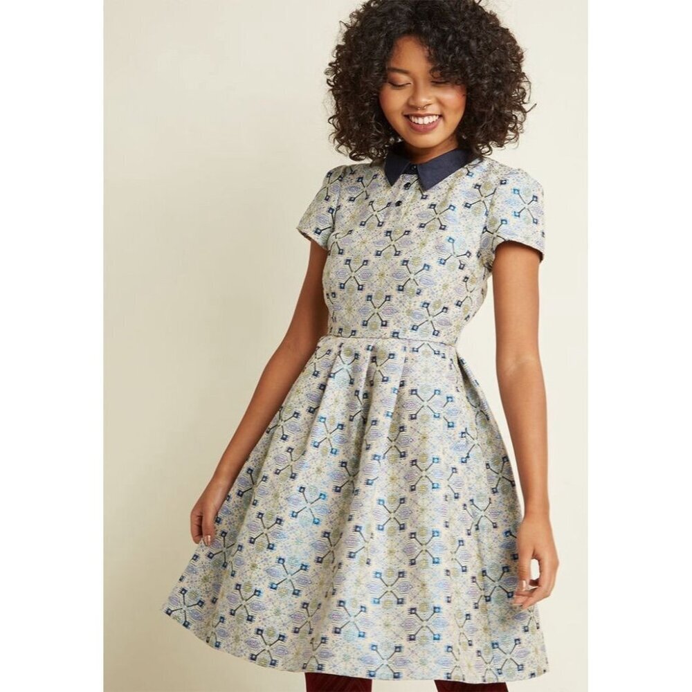 ModCloth Blue and Cream Fit-and-Flare Collared Dress